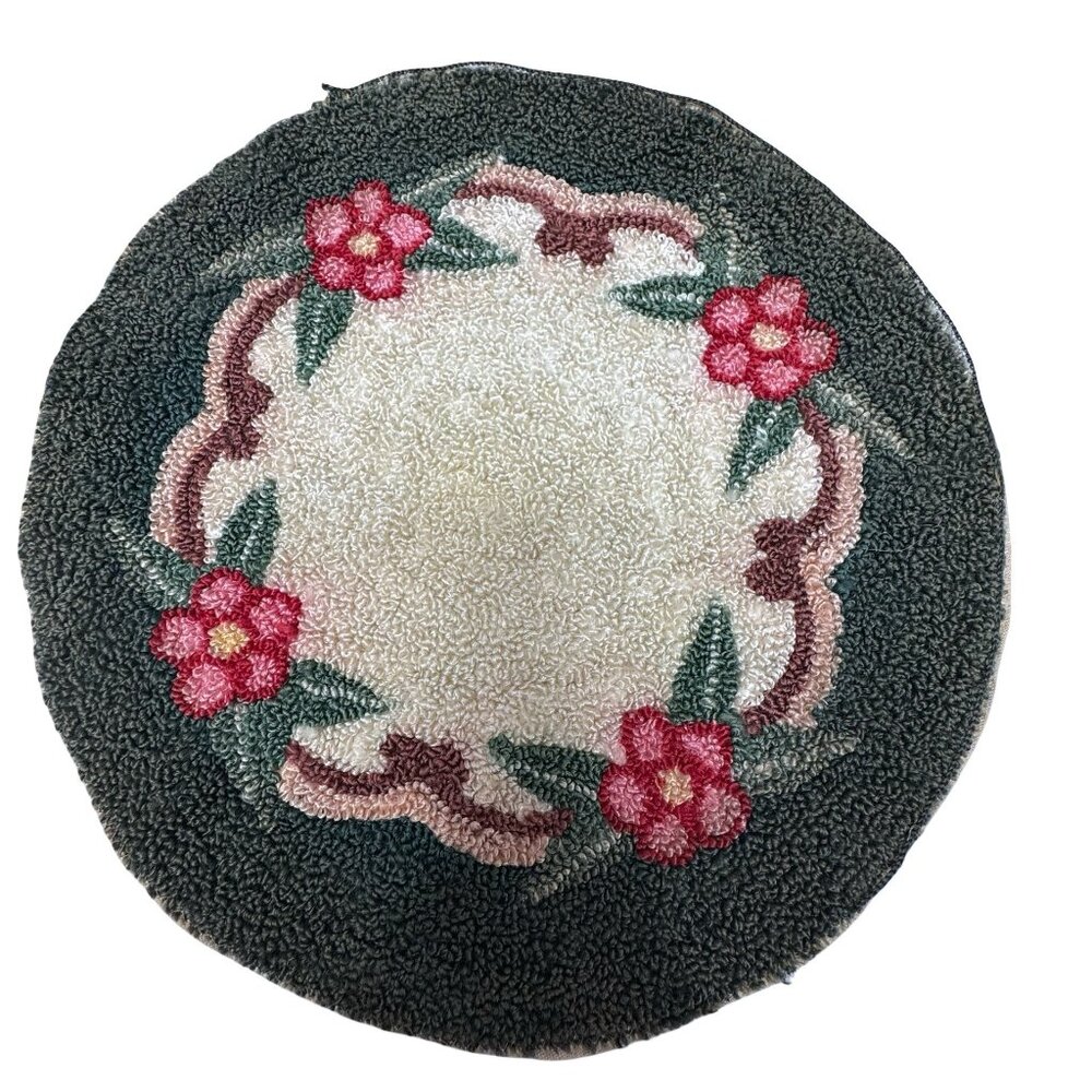 Round Floral Embroidered Rug 8" Dollhouse Formal Victorian Wool Blend Green Pink